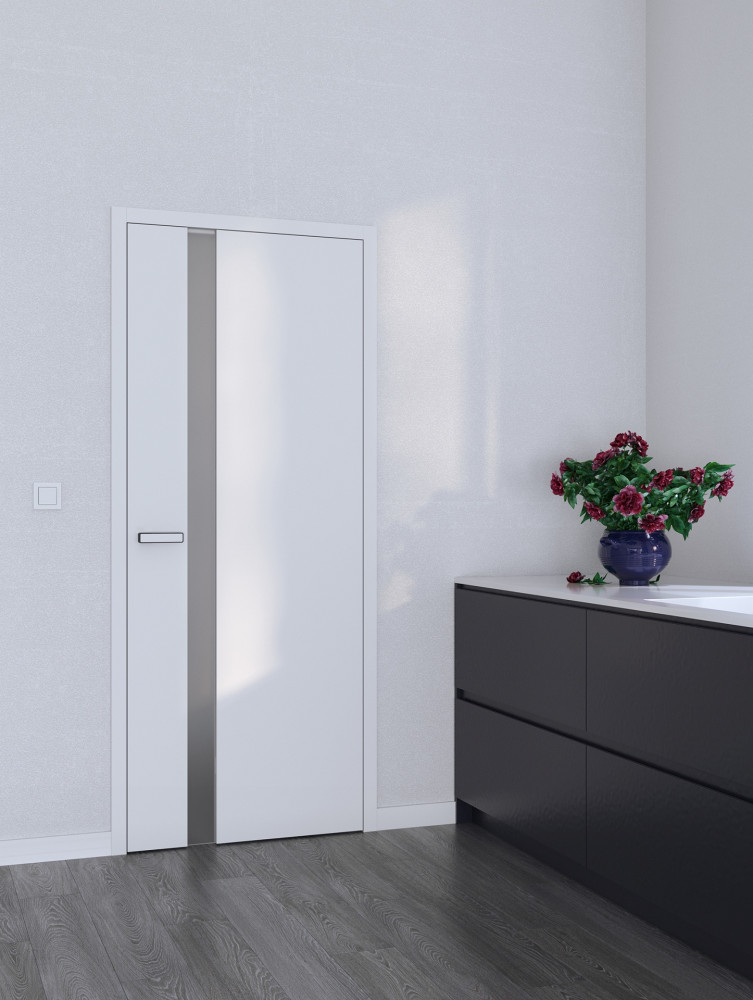 Bílé bezfalcové dveře SAPELI Harmonie s proskleným pruhem Satinato