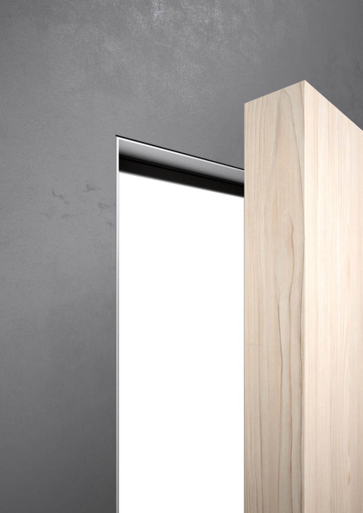 Detail bezfalcové (skryté) zárubně zapuštěné do stěny ve stavebním otvoru