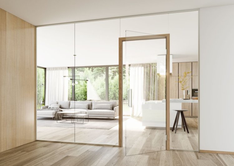 Skleněná stěna Sapeli Sapglass s dřevěnou zárubní a bezfalcovými panty TEG 310