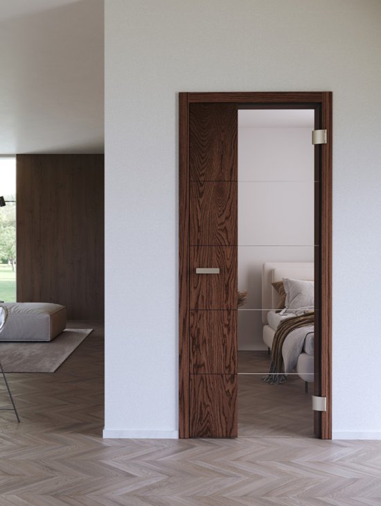 Otočné dřevěné (dýhované) dveře Modena, var. 45, dekor Dub olej, olej Chocolate, sklo Float čiré a gravír G044, zárubeň Obtus, kování Minimal.