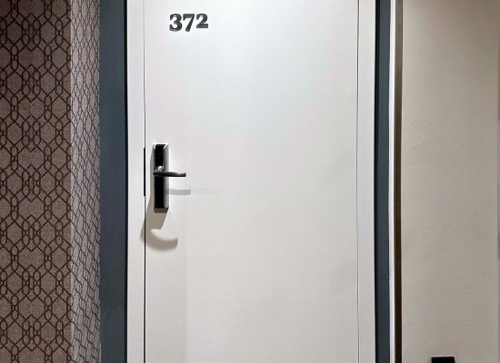 Kliknutím zvětšíte Detail bezfalcových protipožárních dveří SAPELI s elektrickým zámkem a samozavíračem v lázních Aurora Třeboň, zakázková výroba PRO-K